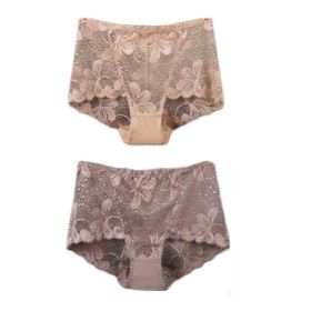 2 Pcs Flower Mesh Women Lace Sexy Bikini Panties Plus Size Boyshorts Panties Underwear,Beige Khaki