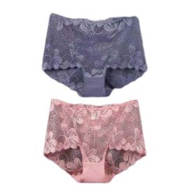 2 Pcs Flower Mesh Women Lace Sexy Bikini Panties Plus Size Boyshorts Panties Underwear,Purple Pink