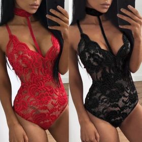 Fashion Women Sheer Lace Floral Leotard Tops Backless Jumpsuit Sexy Lingerie Dress Neck Choker Bodysuit (Color: Red)